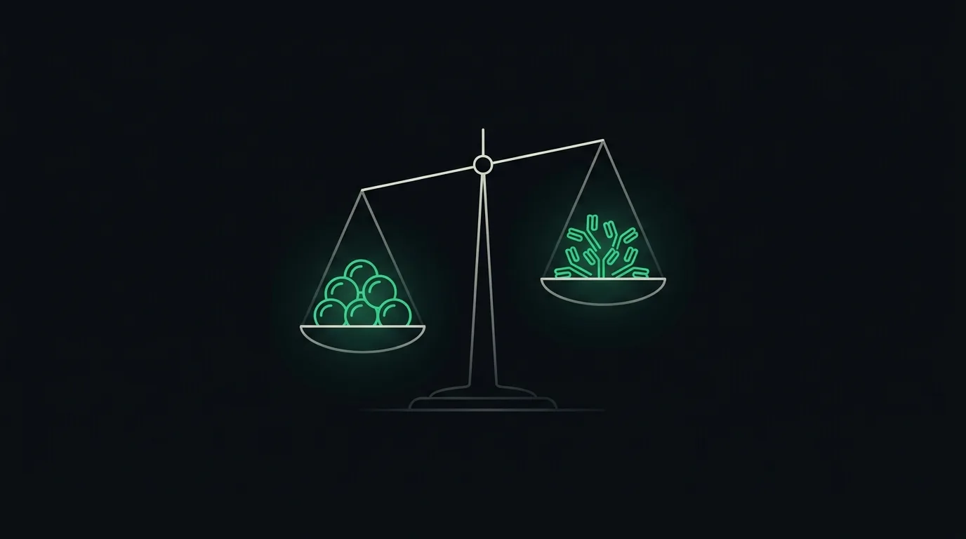 A balance scale weighing plain round proteins against Y-shaped antibody proteins, picked out in emerald.