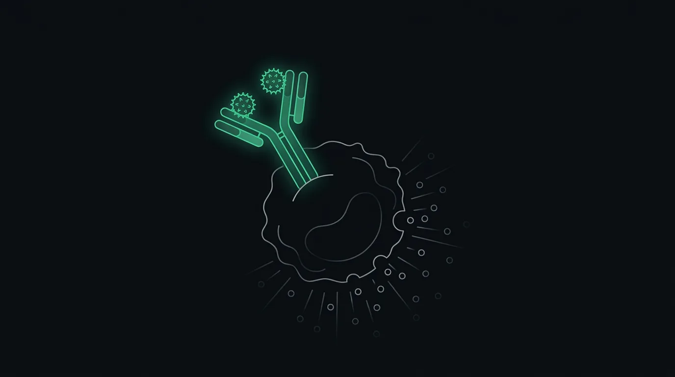 A Y-shaped antibody on an immune cell binding a pollen allergen, in emerald.