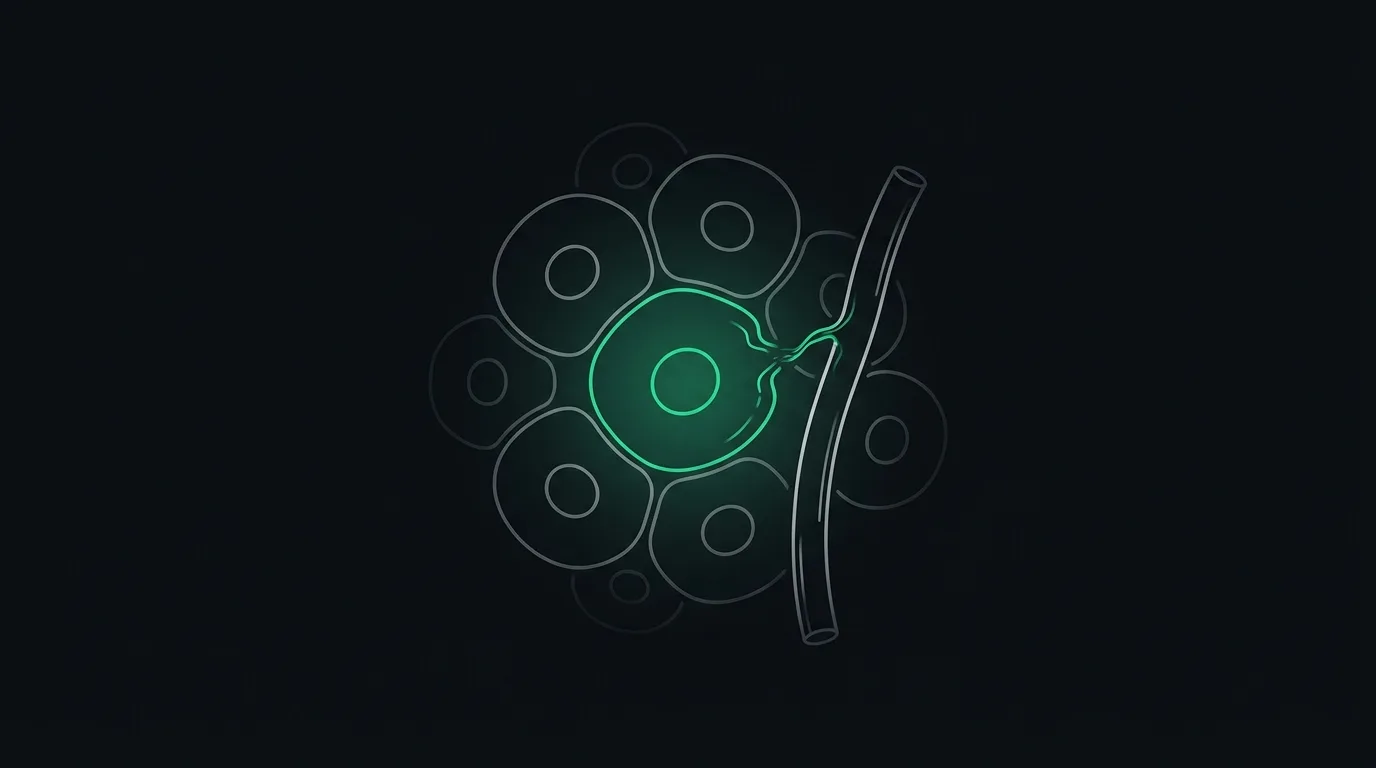 A cluster of liver cells drawn in pale line-art, one cell at the centre glowing emerald with its membrane breaking and a wisp of enzyme escaping into a nearby vessel.