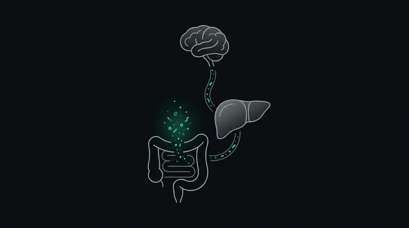 Ammonia particles from the gut travelling past a liver towards the brain, in emerald.