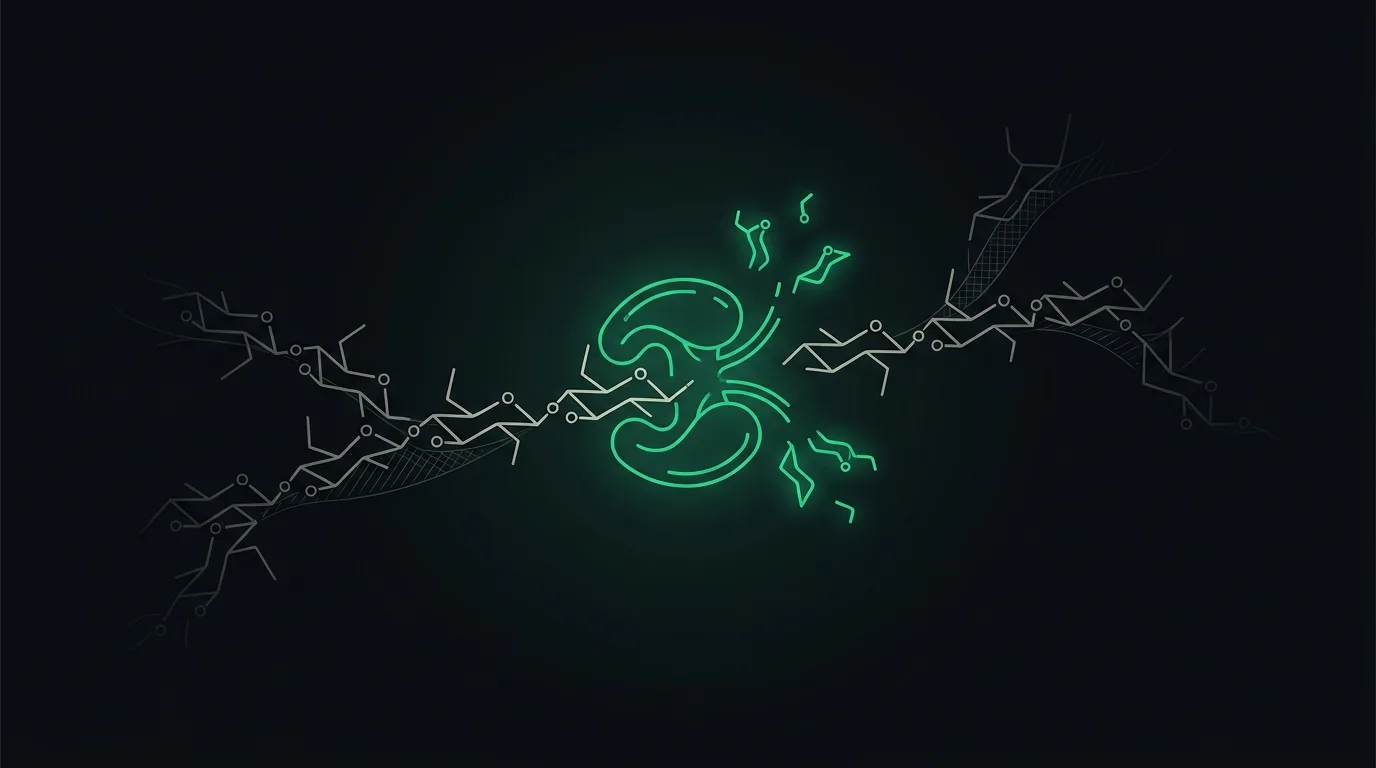 An enzyme cleaving a chain of starch units into smaller sugars, in emerald.