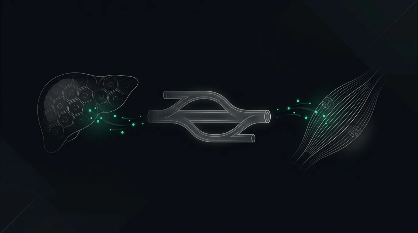 Liver cells on one side and a muscle fibre on the other, both releasing the same emerald enzyme into a shared vessel.