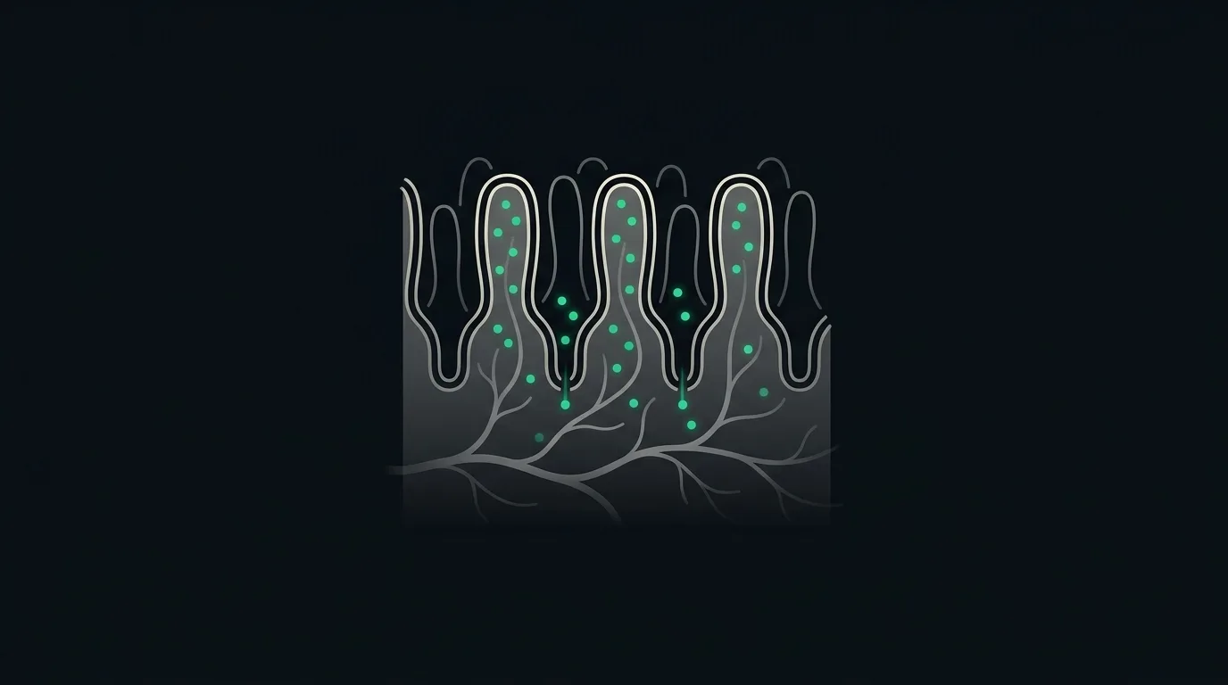 The lower small-intestine lining absorbing small emerald vitamin particles into the blood.