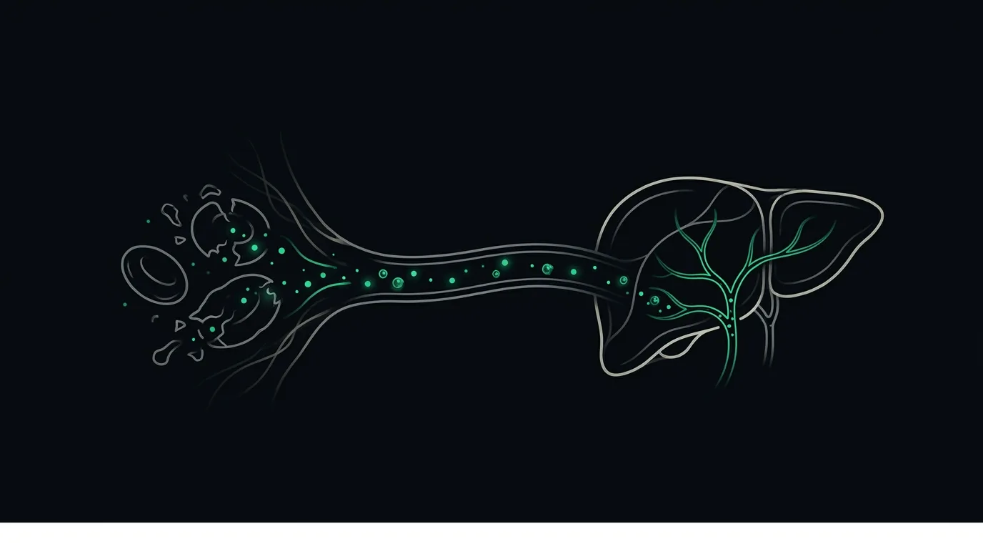 Aged red cells breaking apart and releasing emerald pigment particles that flow to the liver and into a bile duct.