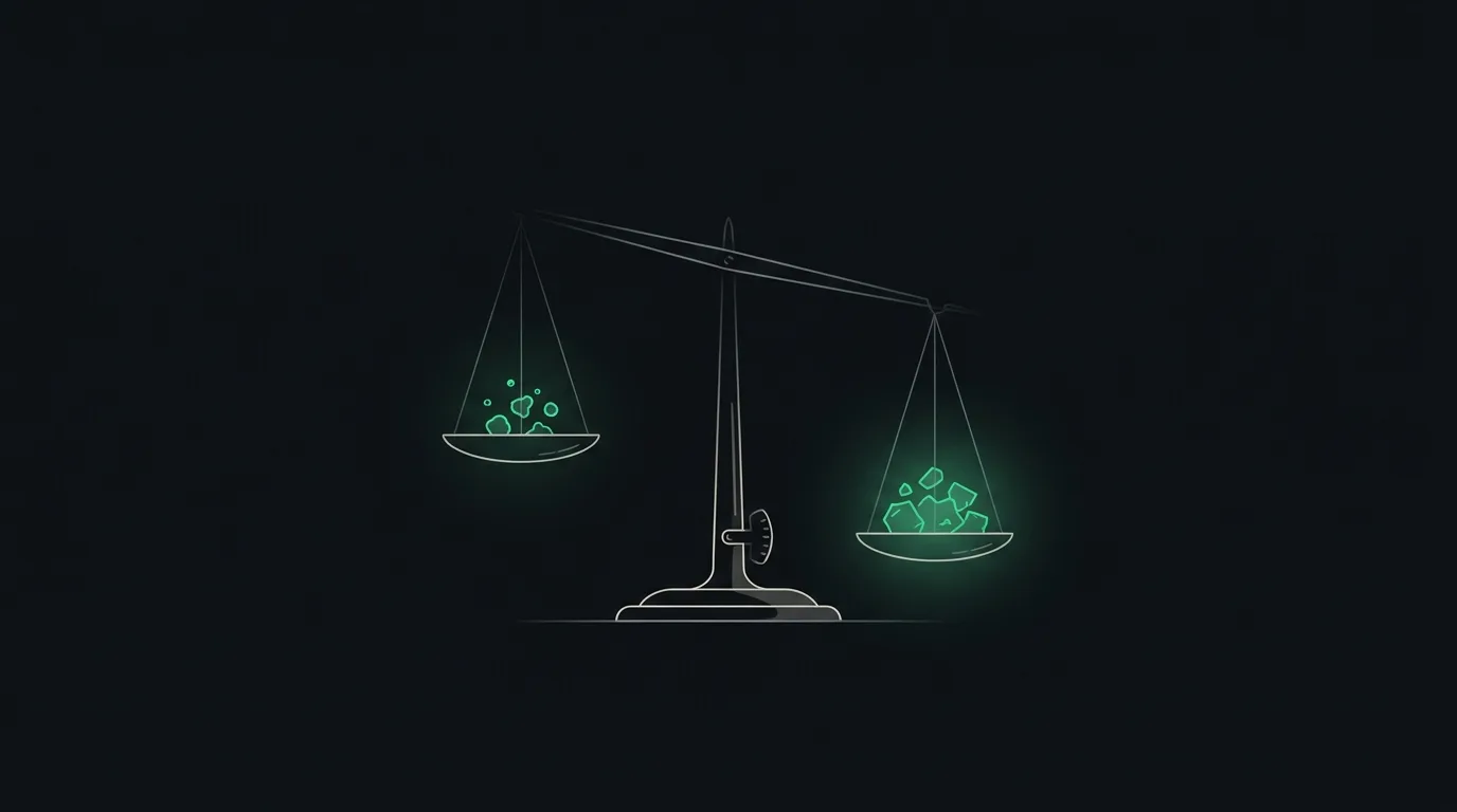A balance weighing one kind of waste particle against another, tilting to show proportion, in emerald.