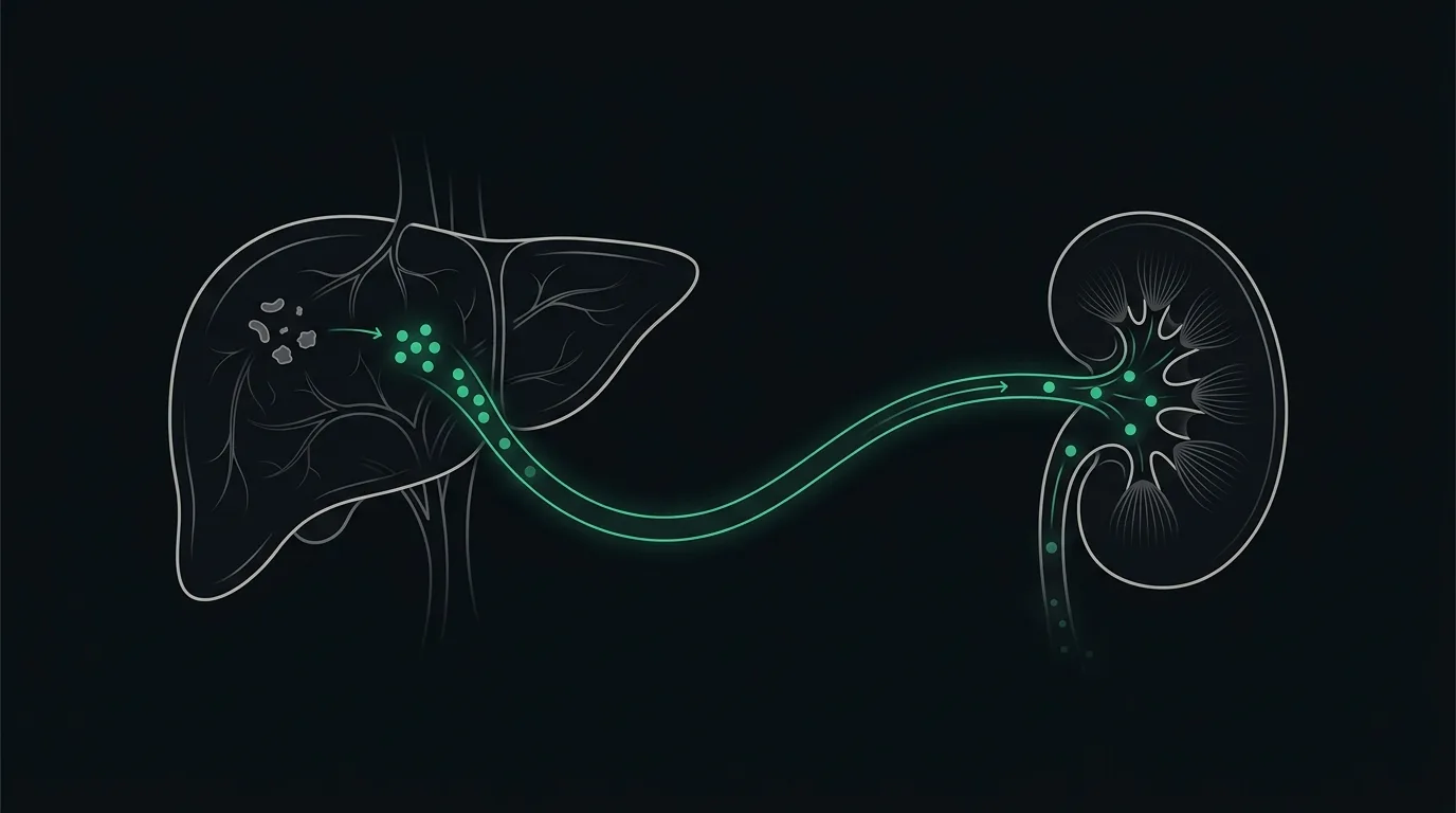 A liver converting protein waste into emerald urea particles that travel through a vessel to a kidney for clearance.