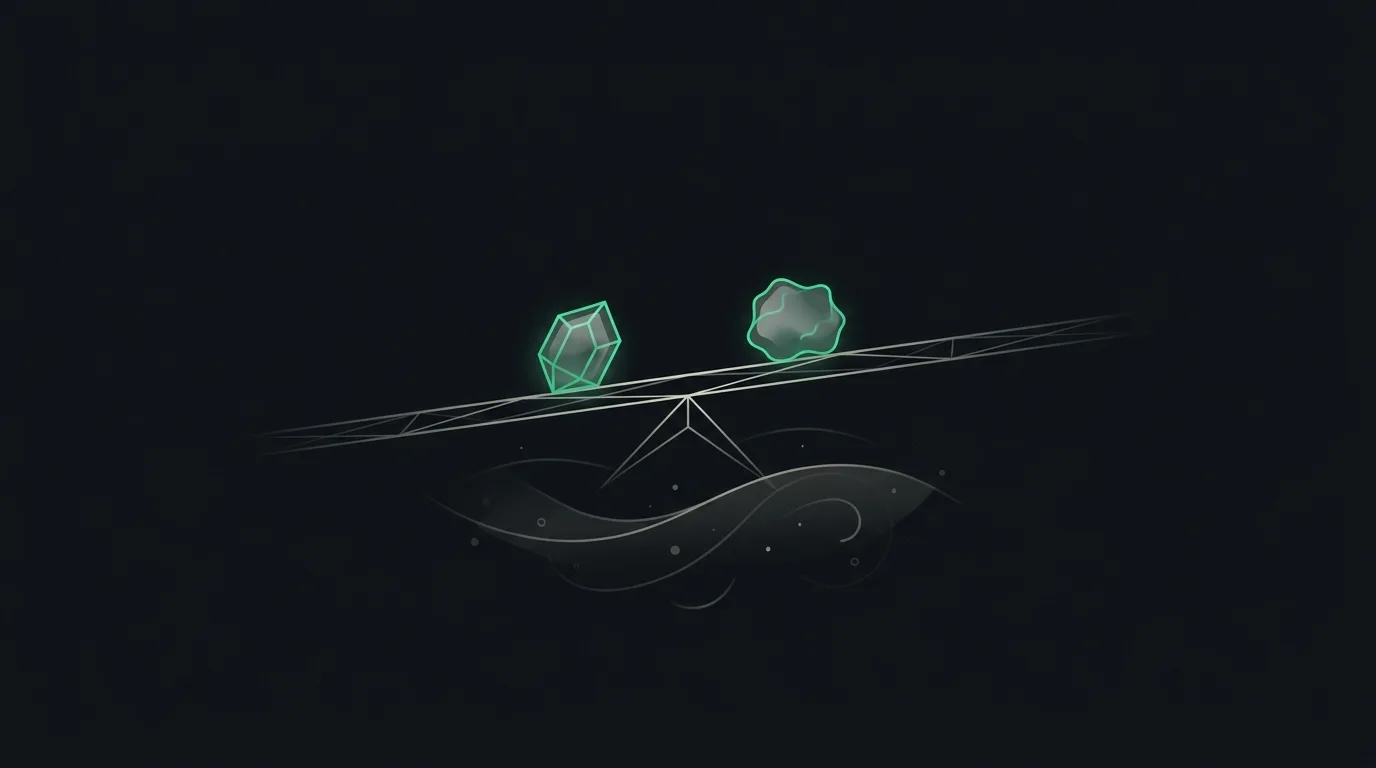 Calcium and phosphate particles on a balance, their combined product mattering, in emerald.