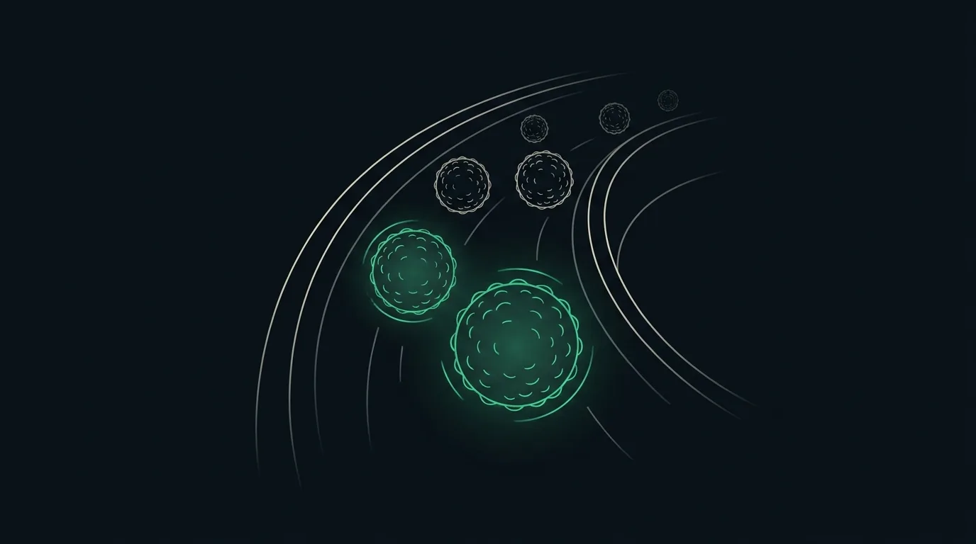 Round lipoprotein particles carrying cholesterol drifting through a blood vessel, two picked out in emerald.