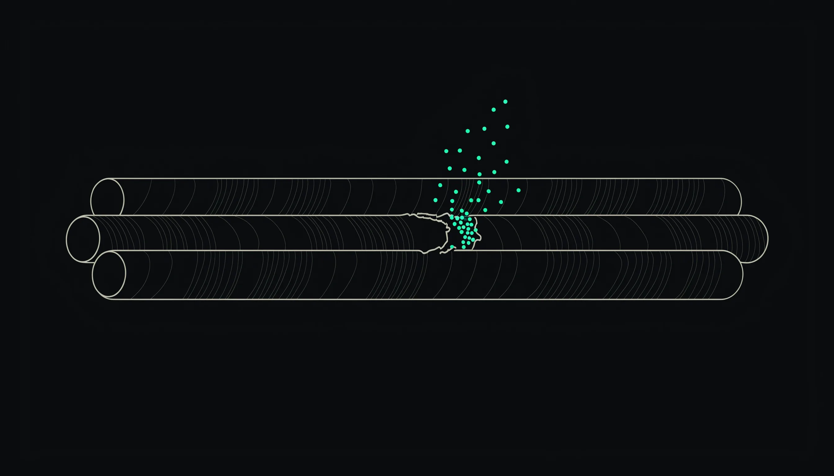 Three parallel skeletal muscle fibres drawn as outlined tubes with fine cross-striations; the middle one has a small break in its wall, with tiny emerald particles drifting out of it.