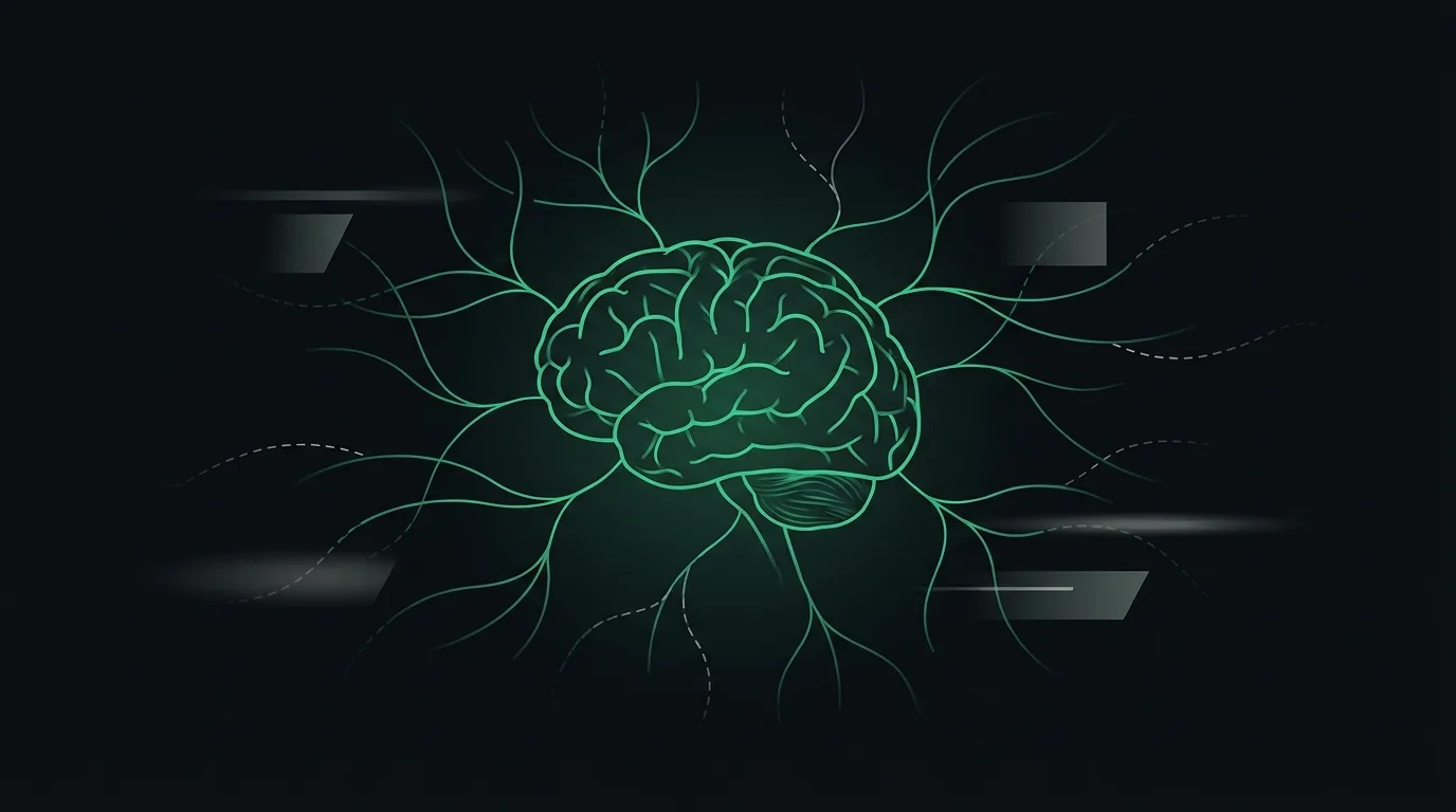 A simplified brain with a fine neural network, some connections fading, in emerald.