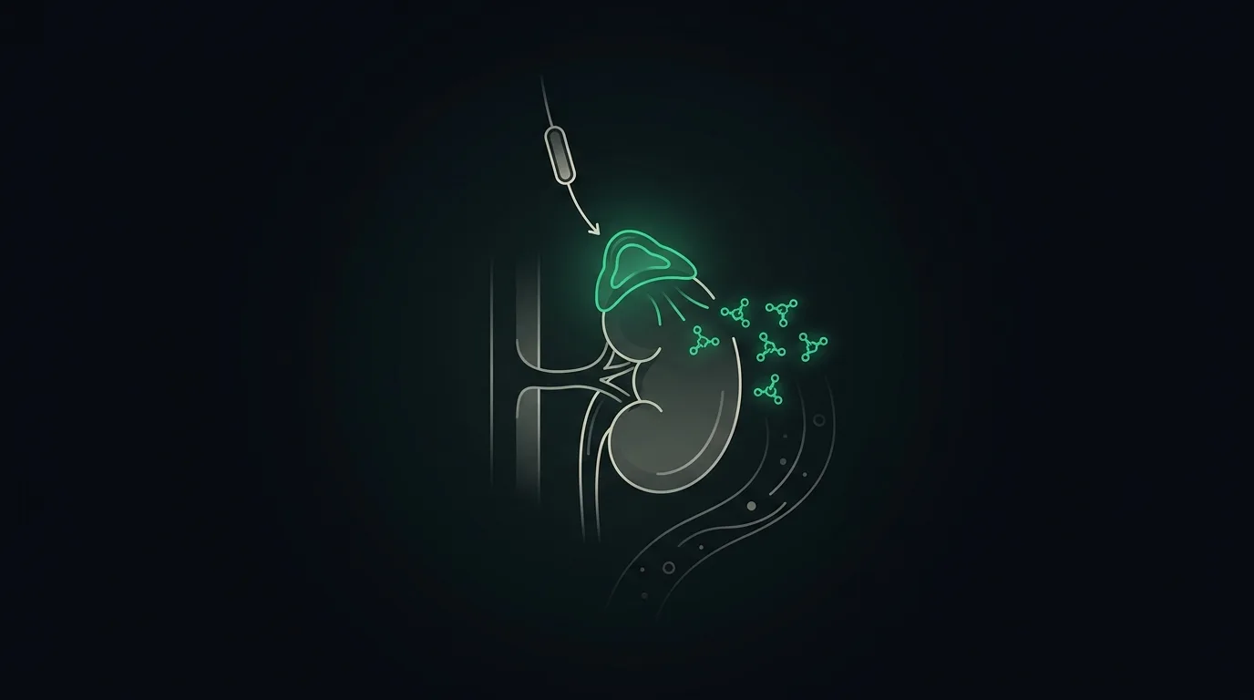 An adrenal gland above a kidney releasing emerald stress-hormone molecules in response to a signal from above.