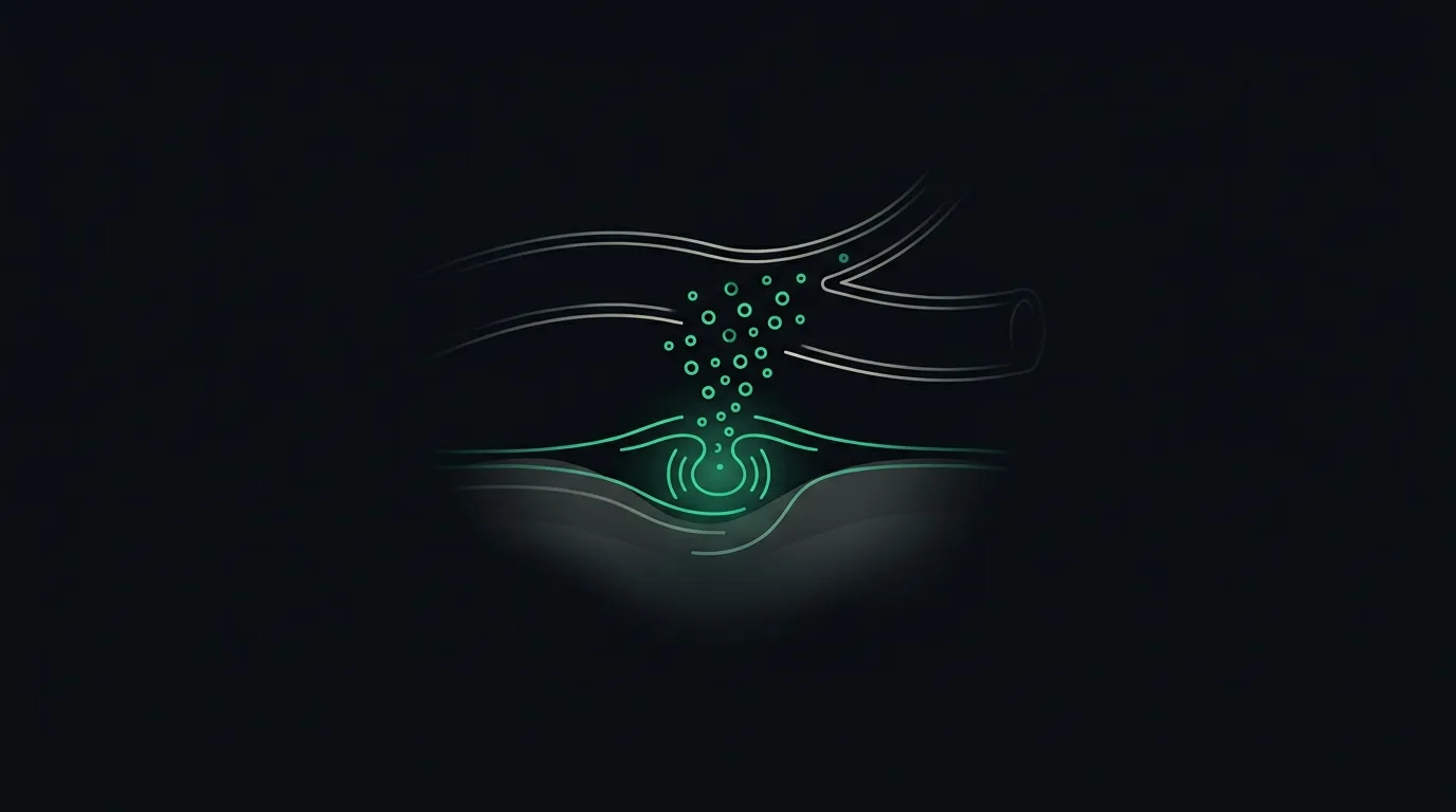 An inflamed focus in tissue sending emerald acute-phase protein molecules surging into a nearby vessel.