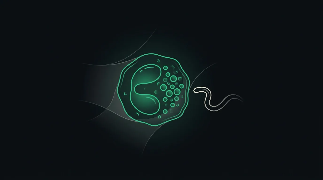 An eosinophil with coarse granules approaching a simplified parasite shape, picked out in emerald.