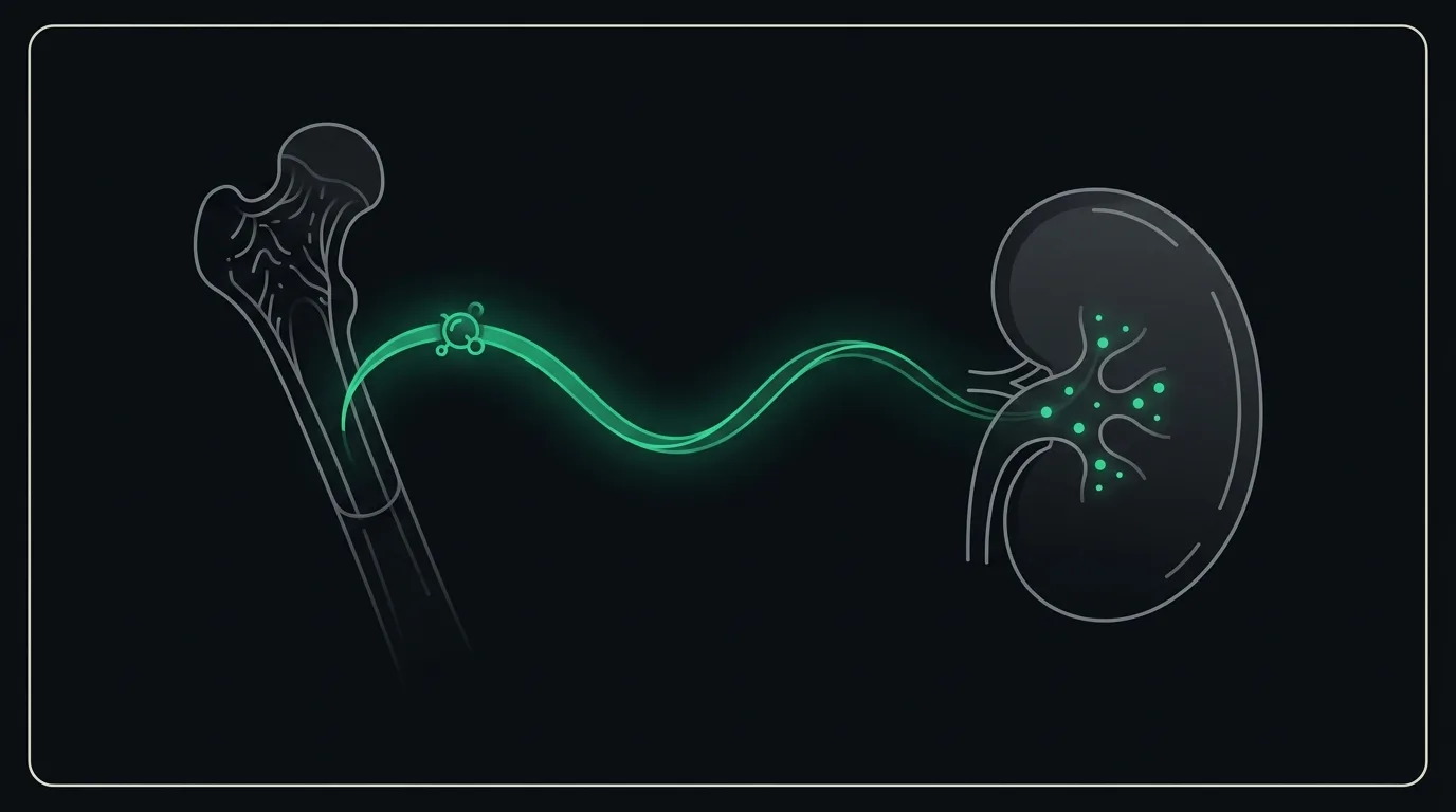 A section of bone signalling to a kidney to regulate emerald phosphate particles, the signal rising early.