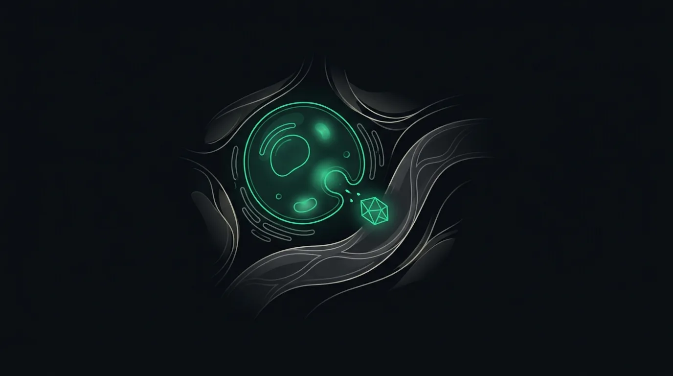 A stressed cell releasing a single emerald signal molecule into the bloodstream.