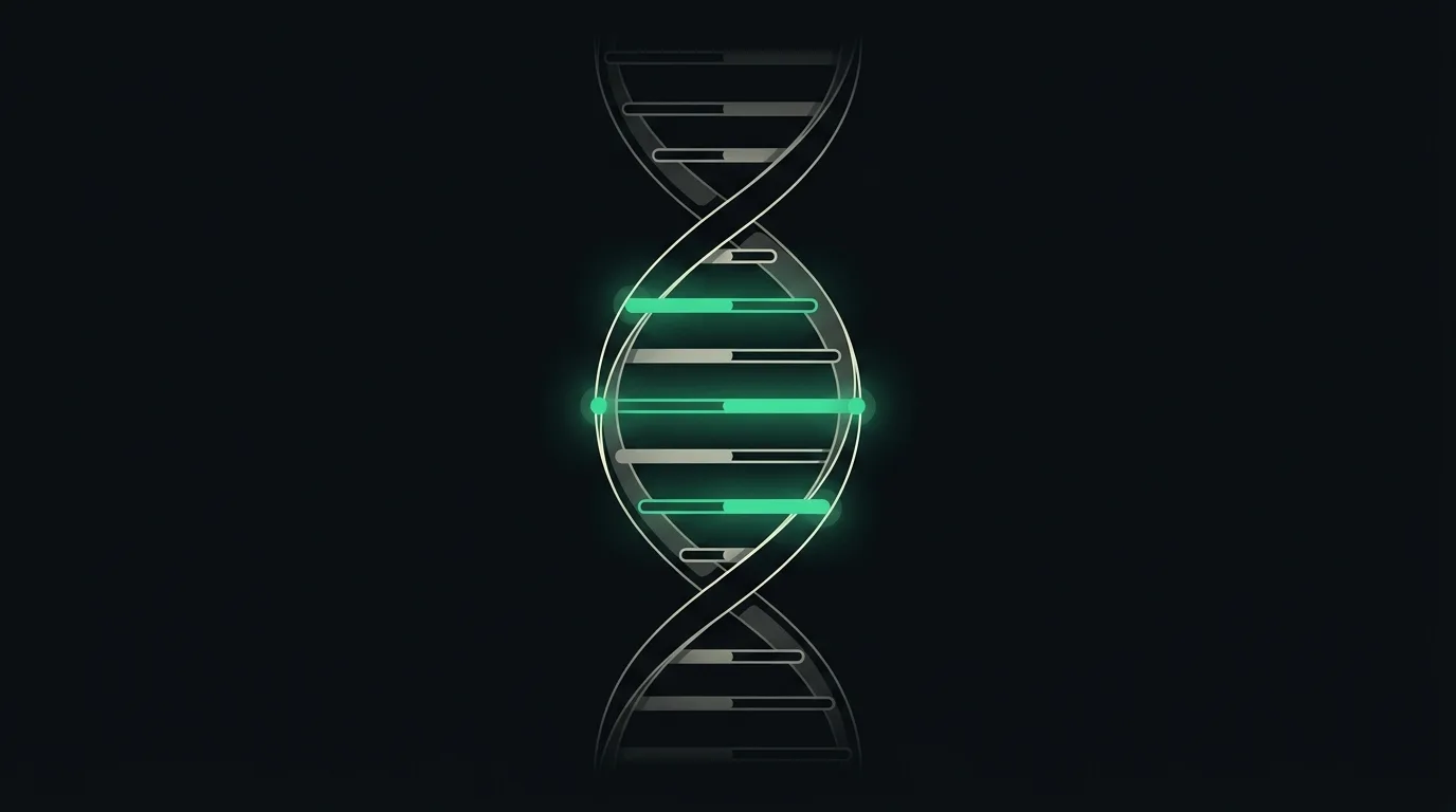A DNA double helix with a few positions highlighted along its length, in emerald.
