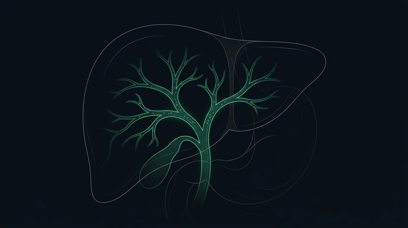 A branching biliary tree in emerald, enzyme particles along the bile-duct walls.