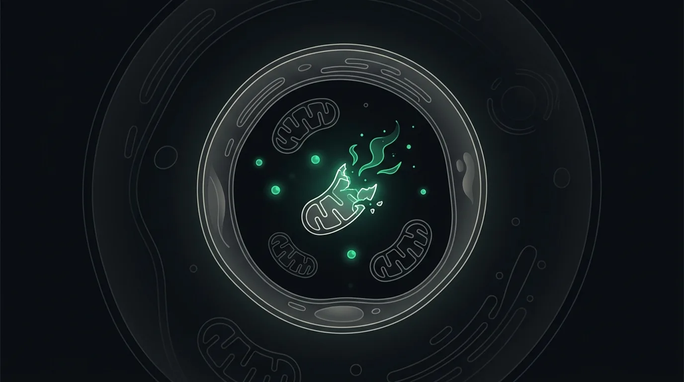 A liver cell in cutaway with a mitochondrion rupturing and releasing an enzyme from deep within, in emerald.