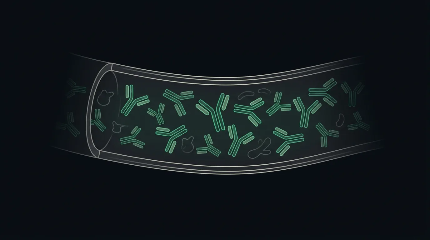 Many Y-shaped antibody proteins densely filling a blood vessel, picked out in emerald.