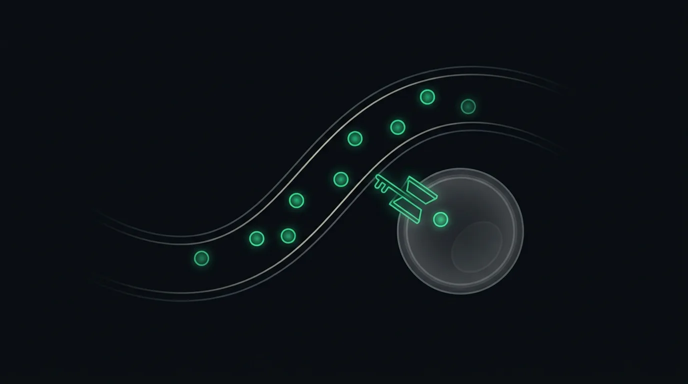 Glucose particles in a vessel, one entering a cell through a door opened by an emerald insulin key.