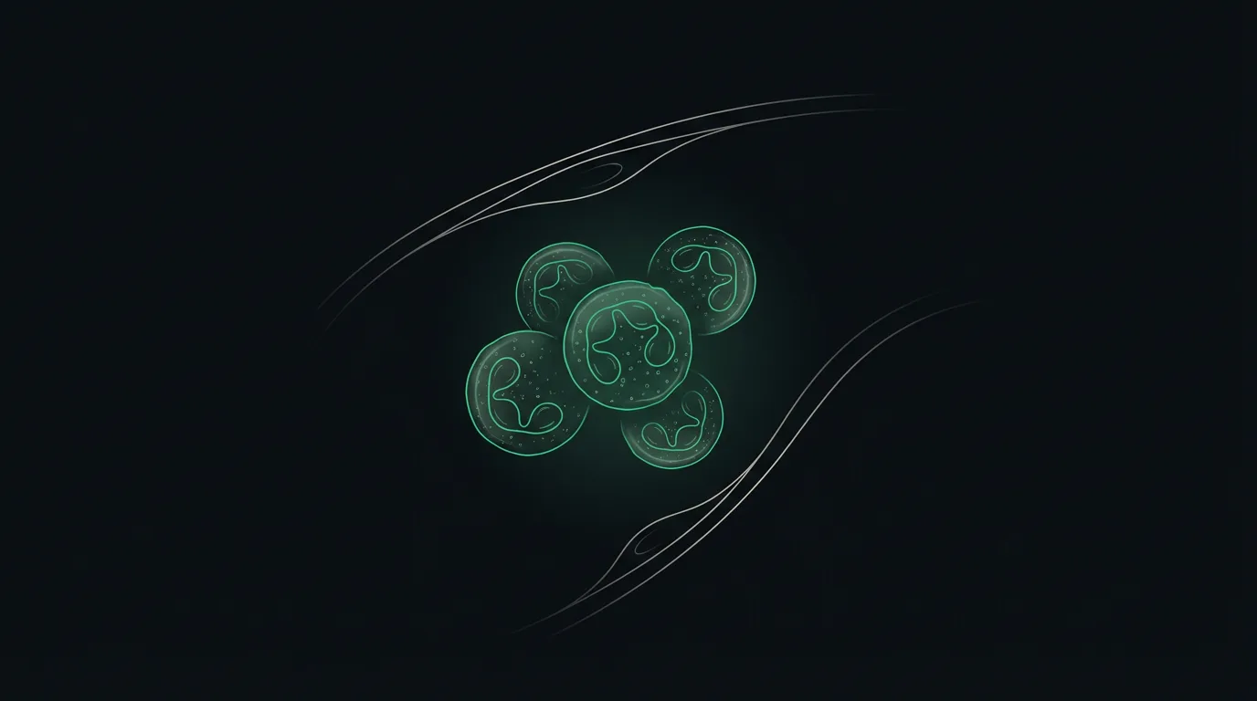 A small group of granulocyte white cells with granular interiors, picked out in emerald.