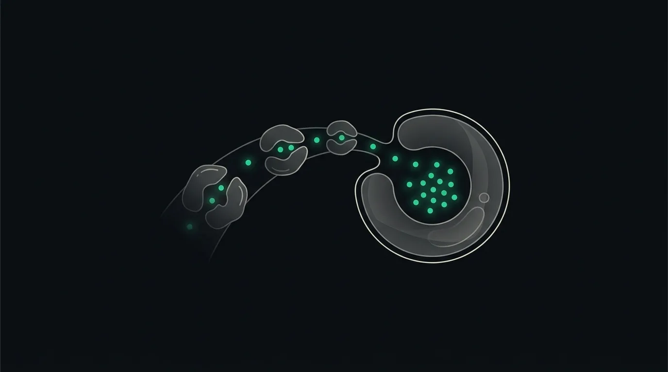 Iron atoms carried by transport proteins and held in a storage depot, in emerald.