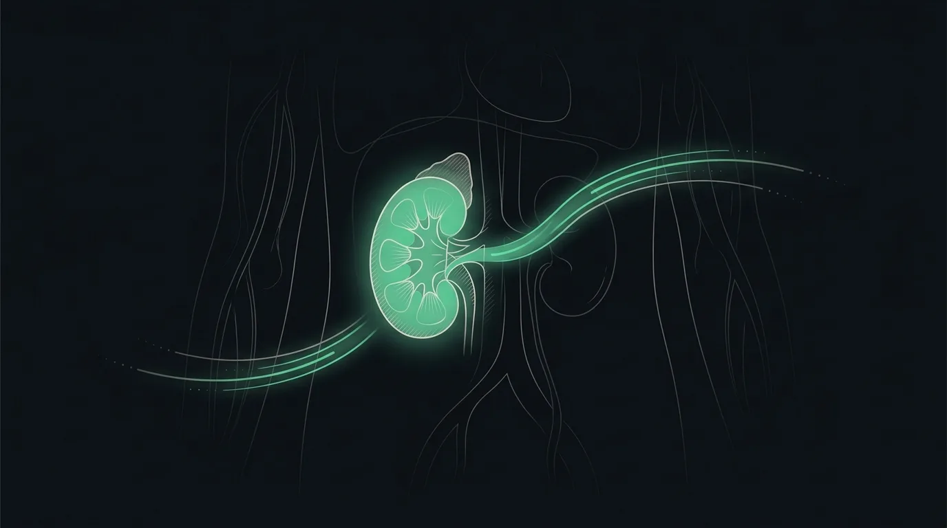 A kidney releasing a protective emerald anti-ageing protein, its glow gently dimming with age.