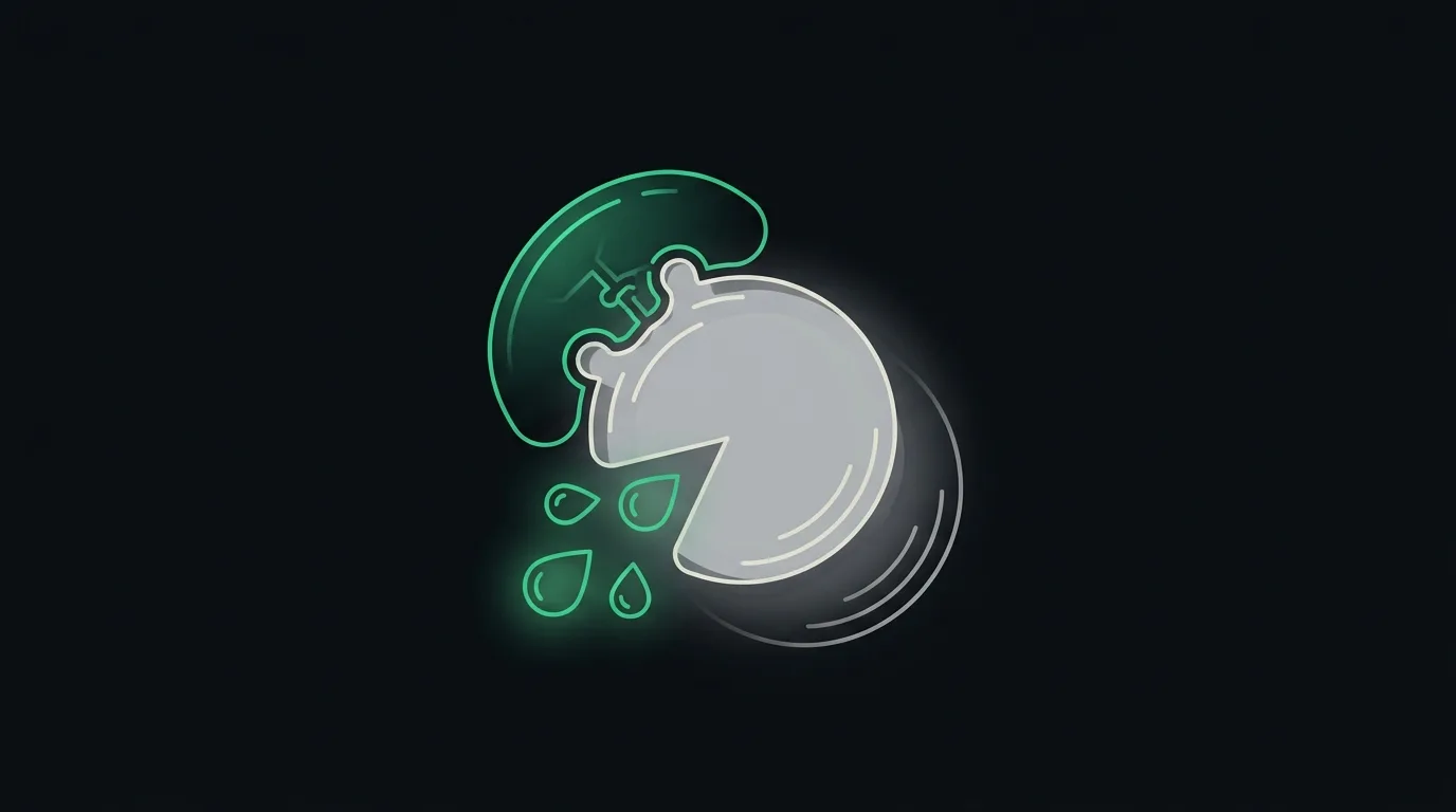 An enzyme molecule cleaving a fat droplet into smaller pieces, in emerald.