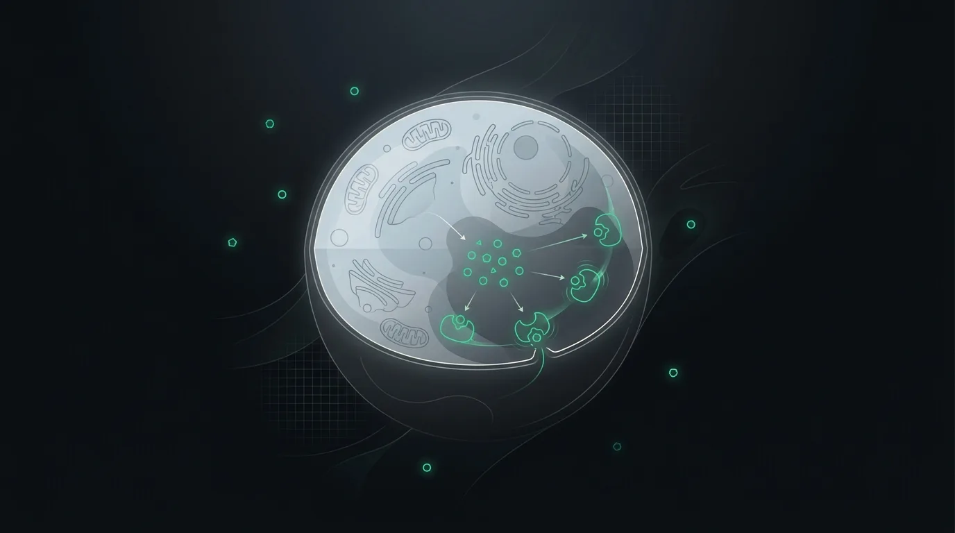 A cell interior packed with emerald mineral ions switching on enzymes, with only a few ions outside in the blood.