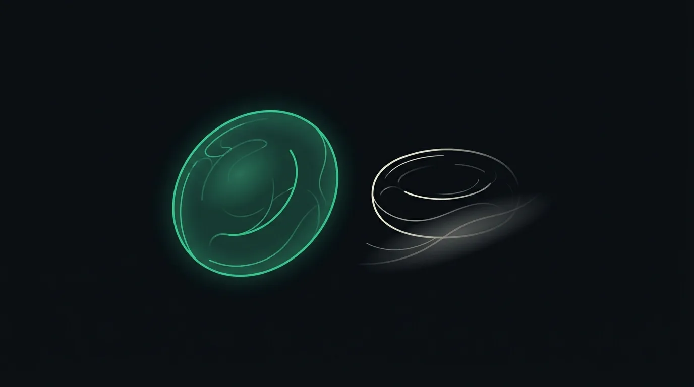 Two red blood cells side by side, one clearly larger and picked out in emerald.