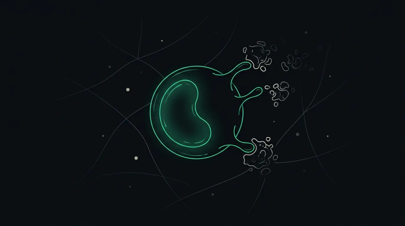 A large monocyte engulfing cellular debris, picked out in emerald.