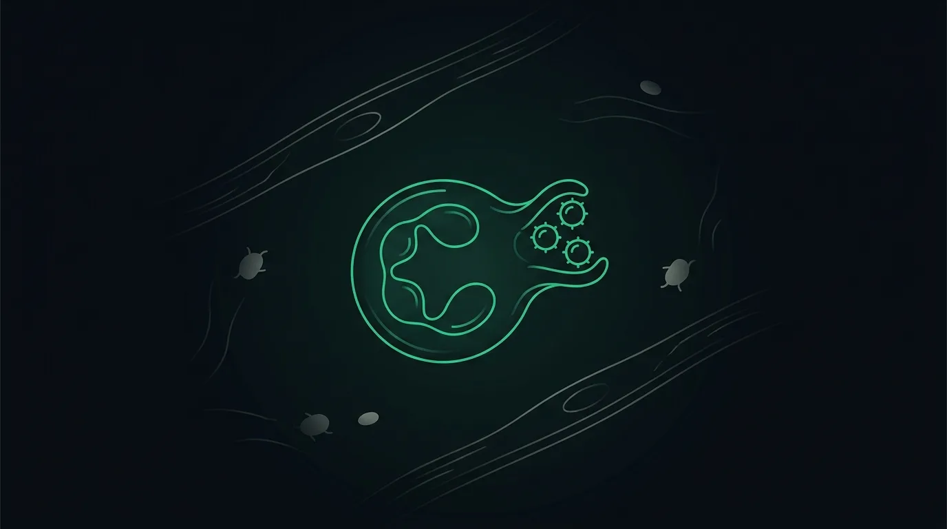 A neutrophil reaching out to engulf small bacteria, picked out in emerald.