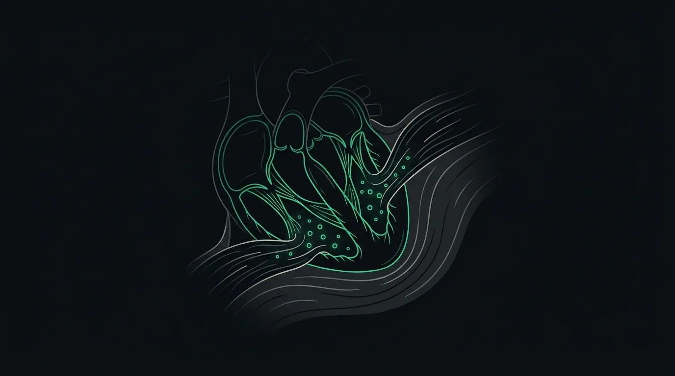 A stretched heart-muscle wall releasing emerald hormone-signal molecules into the blood.