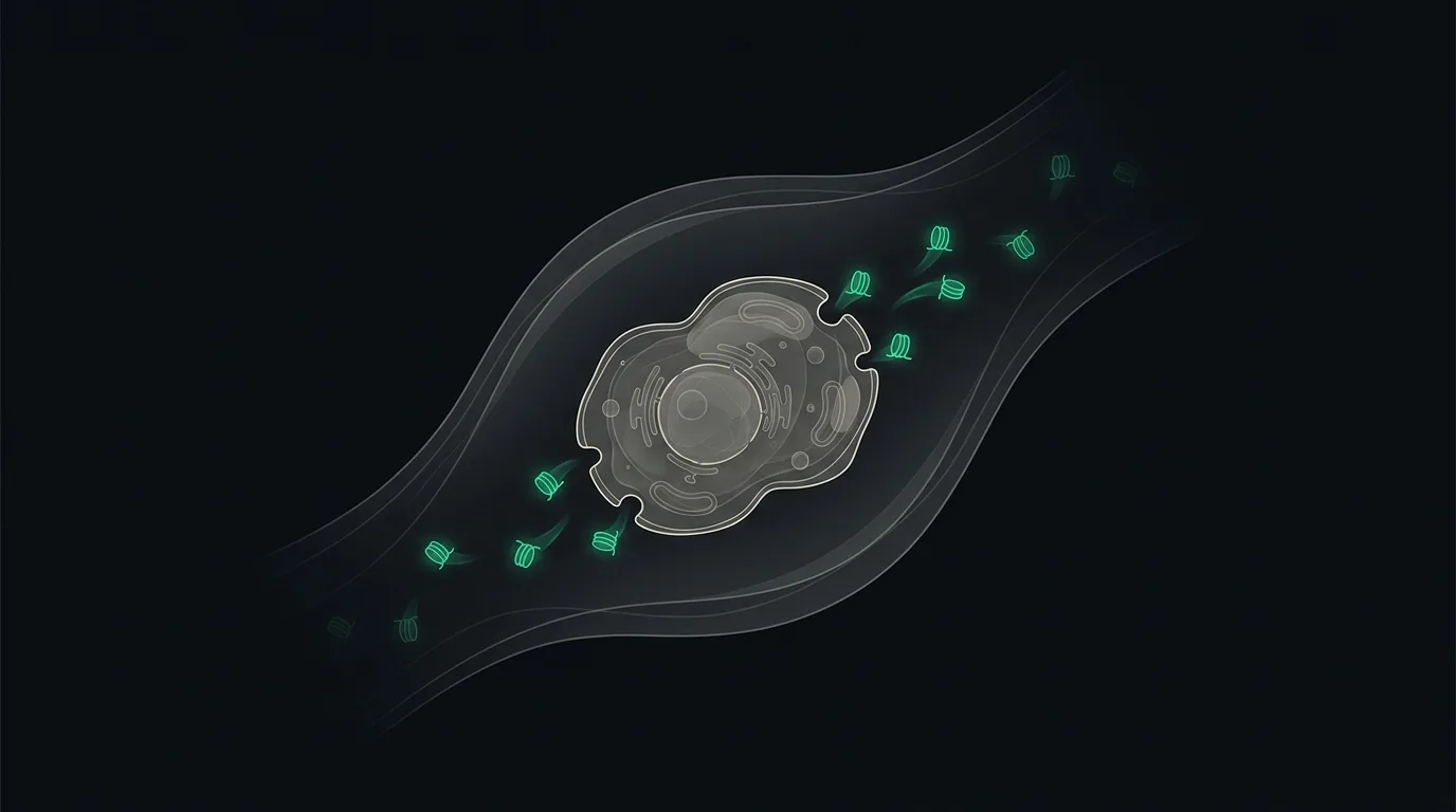 An abnormal dividing cell shedding tiny emerald nucleosome fragments into the bloodstream.