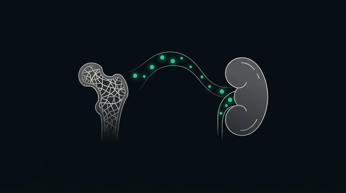 A bone lattice and a kidney exchanging small emerald mineral particles through the bloodstream.