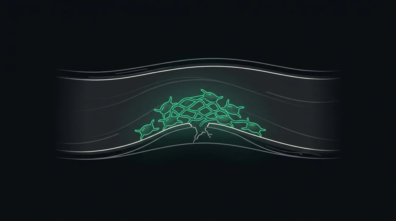 Small platelets clustering to seal a break in a vessel wall, picked out in emerald.
