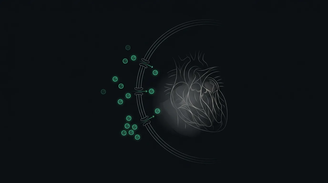 Emerald potassium ions crossing a cell membrane beside a heart-muscle motif, showing tight control affecting the heart.