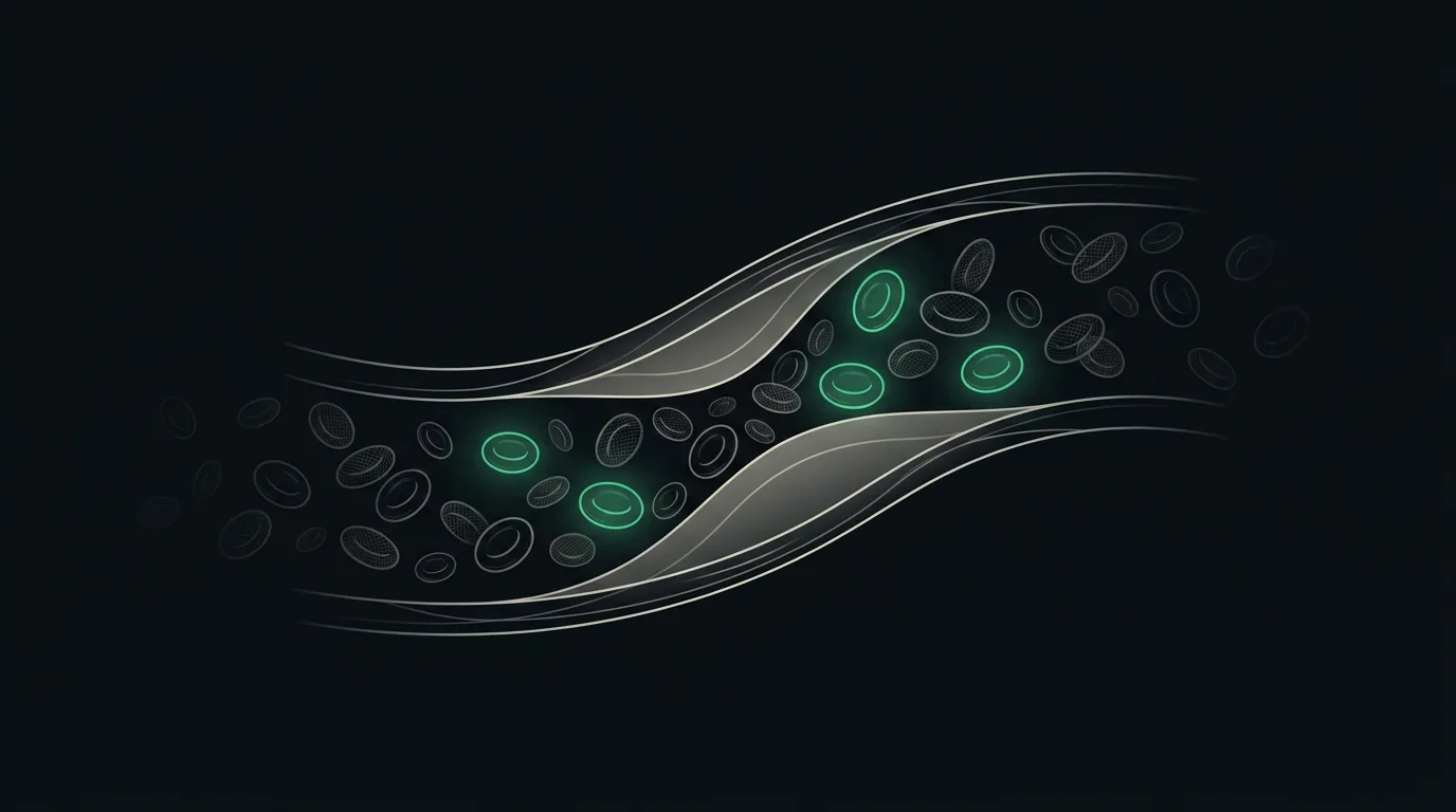 A dense flowing population of red blood cells in a vessel, several picked out in emerald.