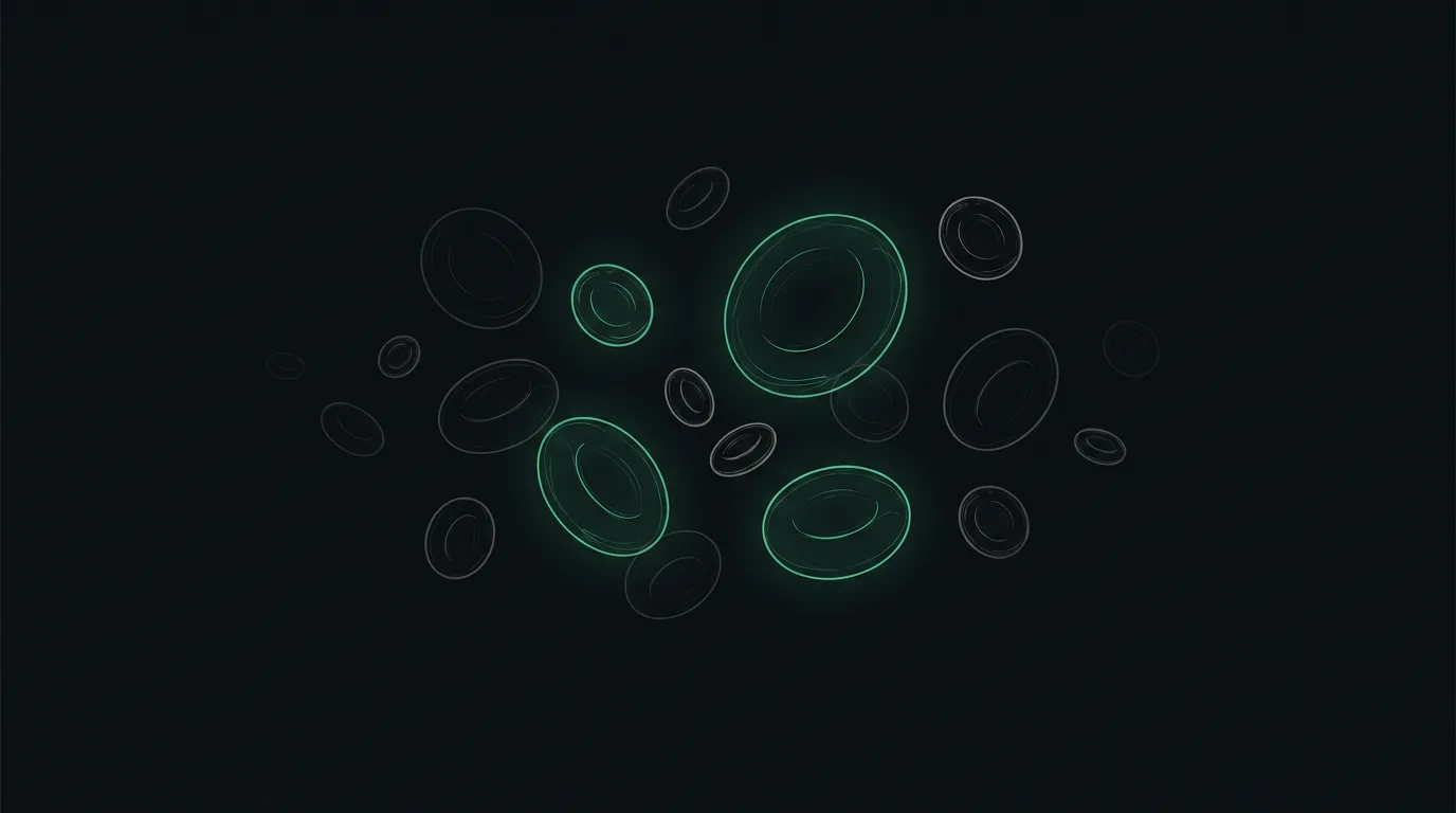A scattered group of red blood cells in many different sizes, the varied cells picked out in emerald.