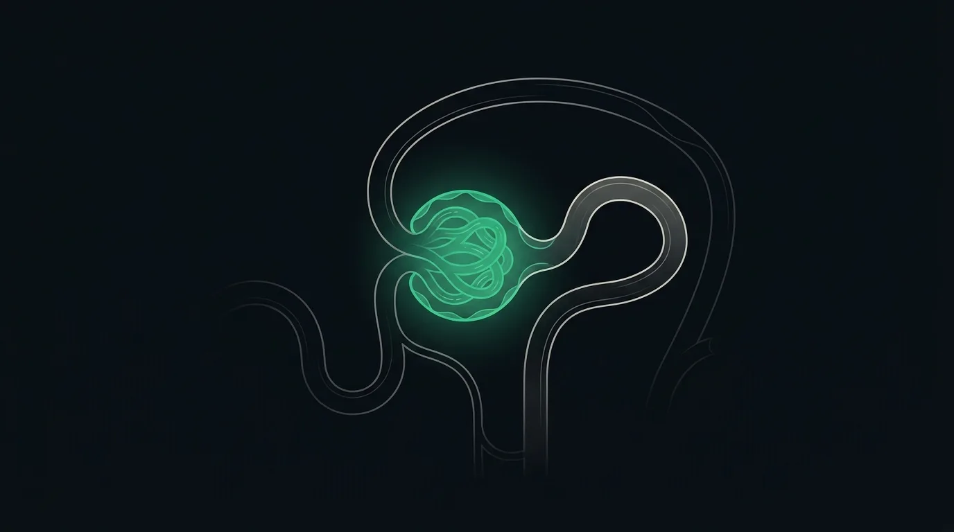 A simplified cross-section of a kidney nephron, the filtering unit, rendered as clean emerald line-art on a near-black background.