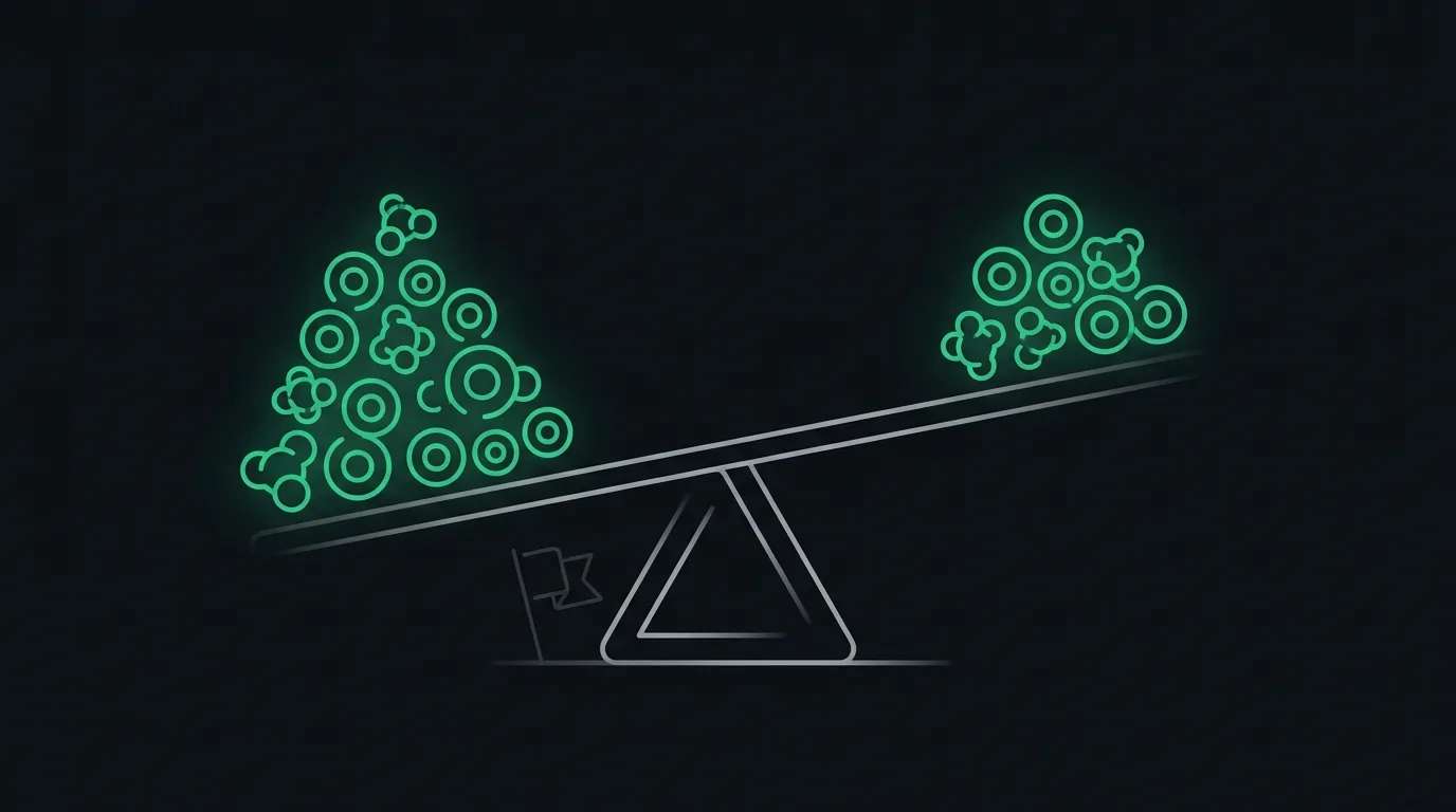 A balance scale tilting, sodium ions heavy on one side and potassium on the other, the ions emerald.