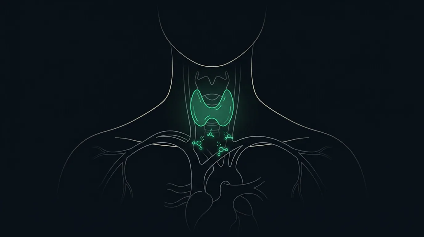 A butterfly-shaped thyroid gland releasing emerald hormone molecules that set the body's metabolic pace.
