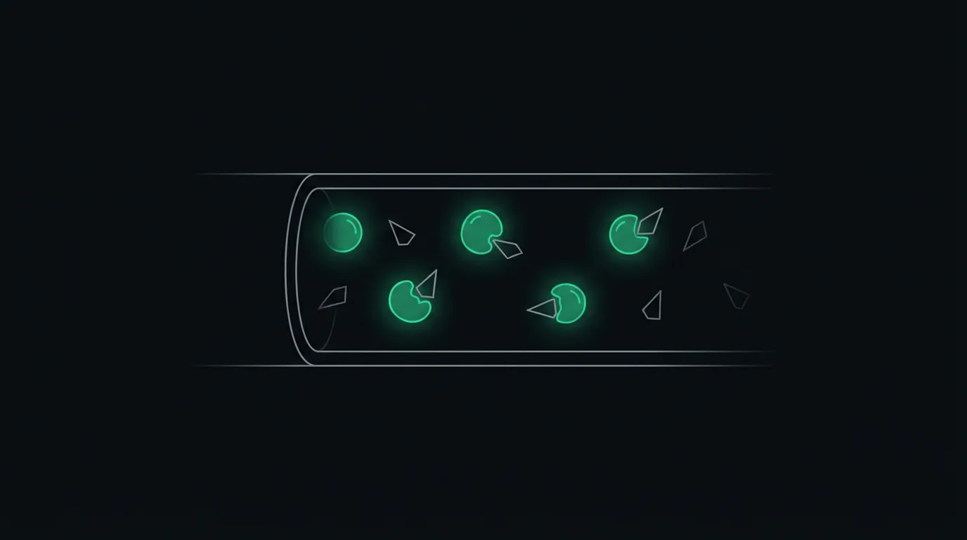 Bicarbonate particles neutralising acid particles in a vessel, in emerald.