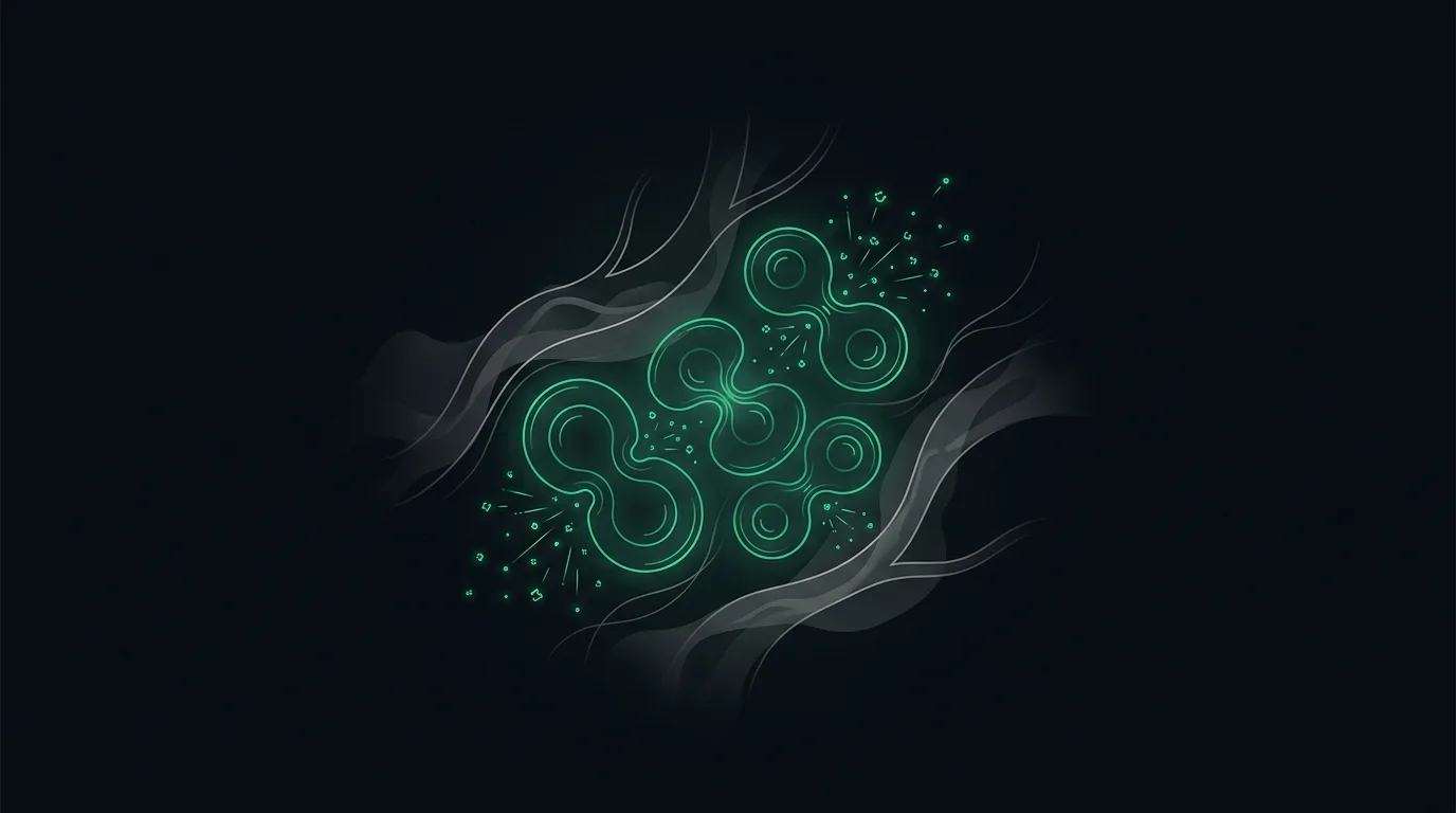A cluster of rapidly dividing cells releasing emerald enzyme particles into the bloodstream.