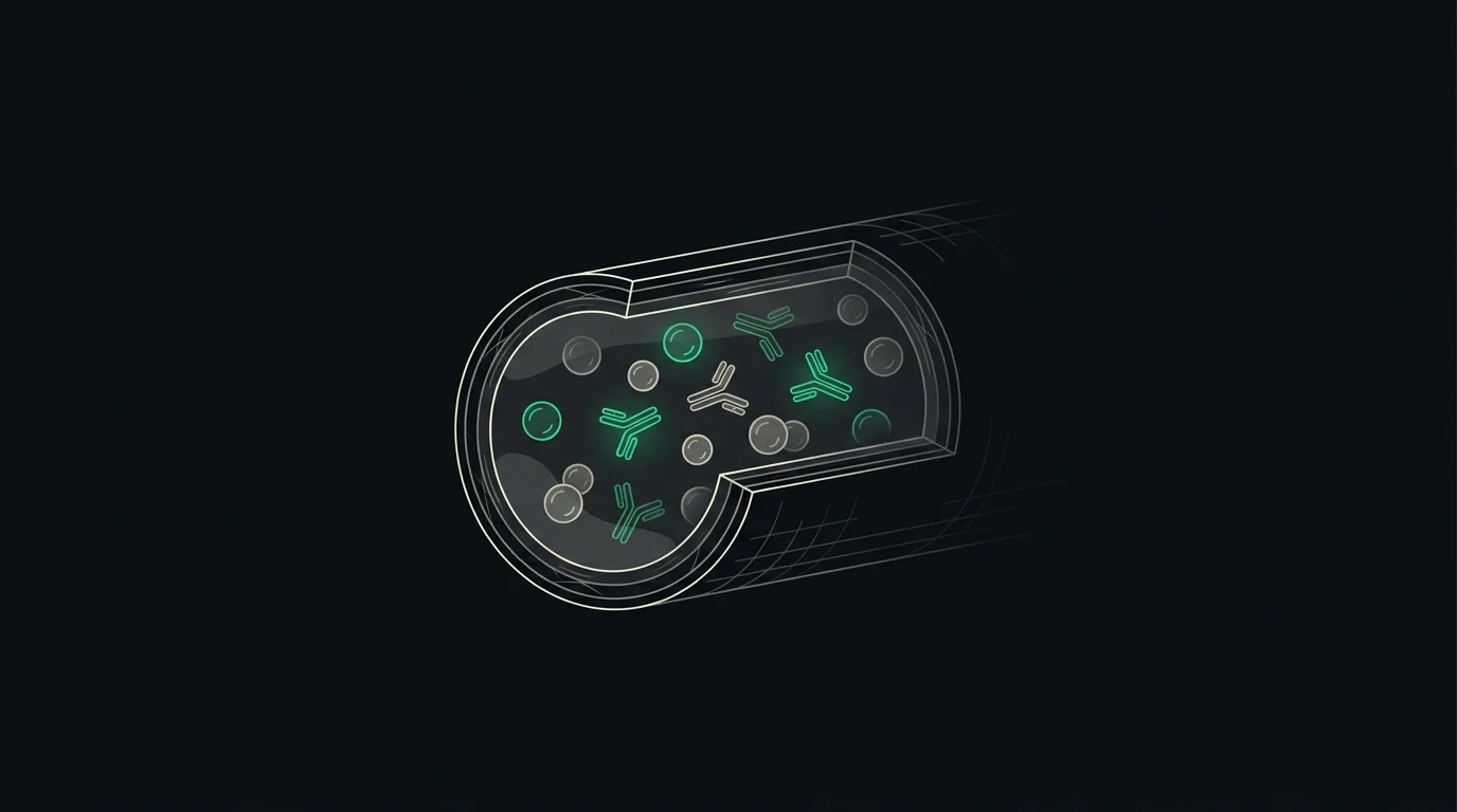 Inside a blood vessel, simple round proteins and Y-shaped antibody proteins together in emerald, filling the plasma.
