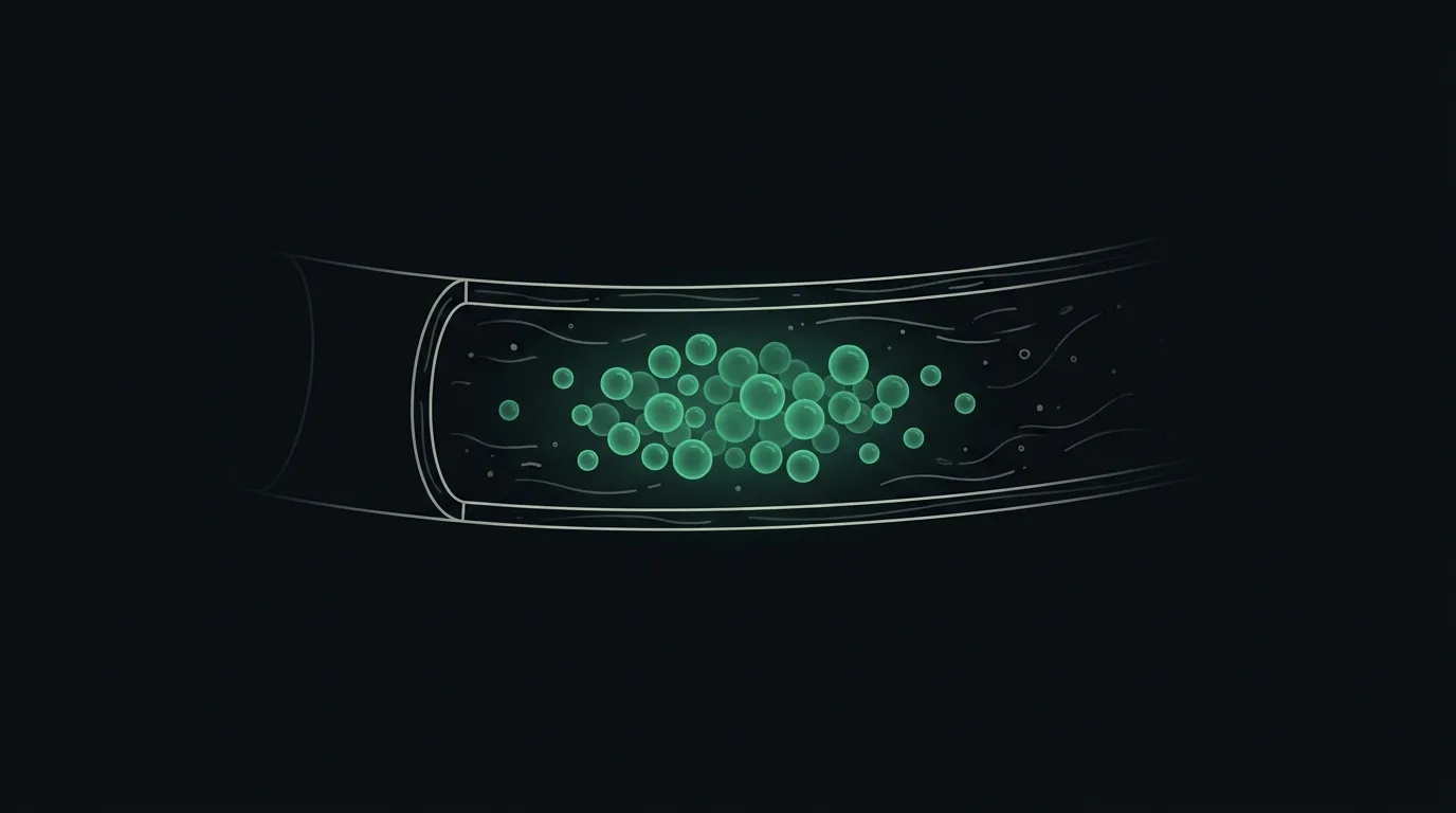 Small round fat droplets suspended densely in a vessel, clouding the plasma, in emerald.