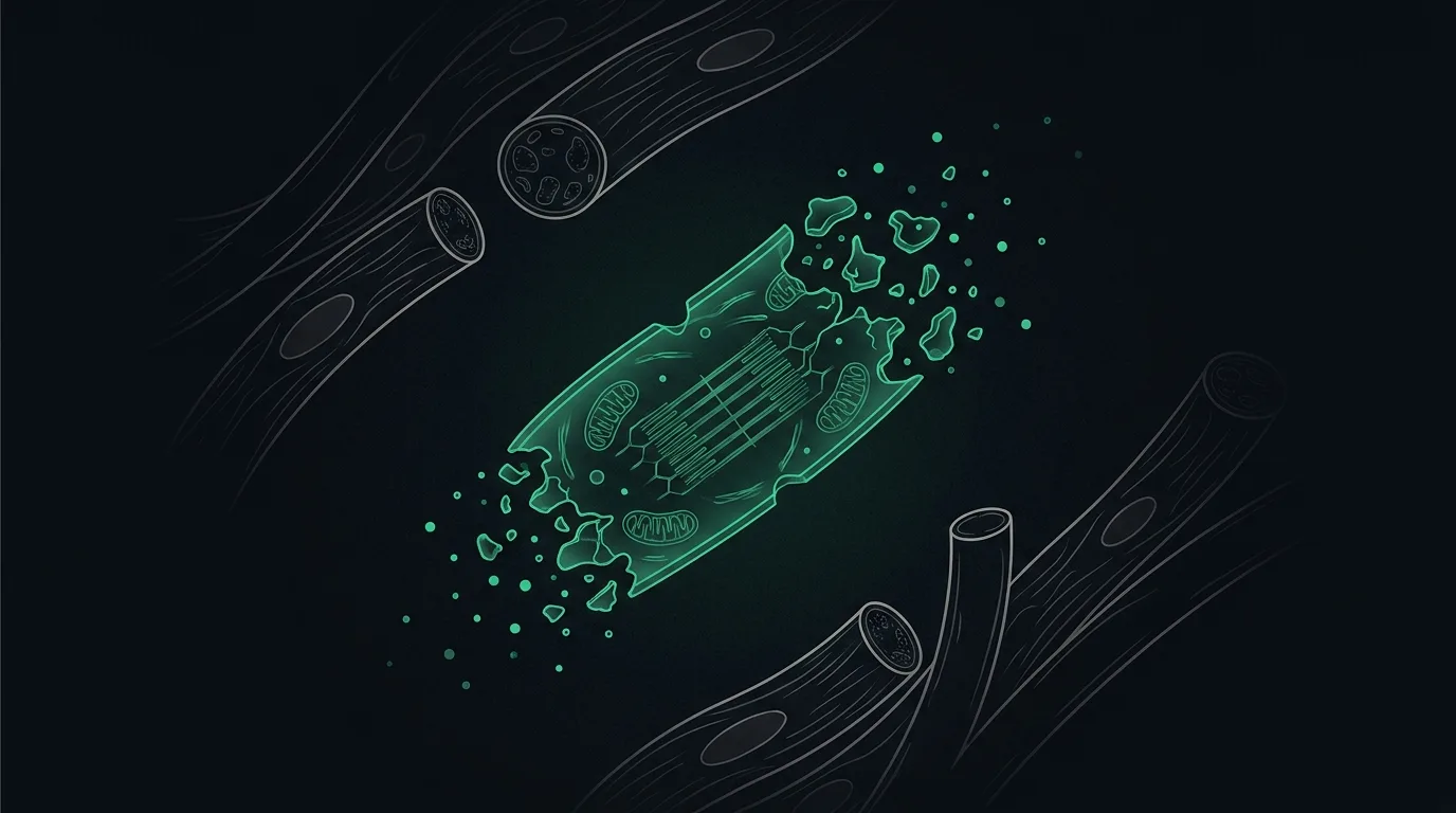 An injured heart-muscle cell releasing small emerald marker particles into the blood, signalling cell injury.