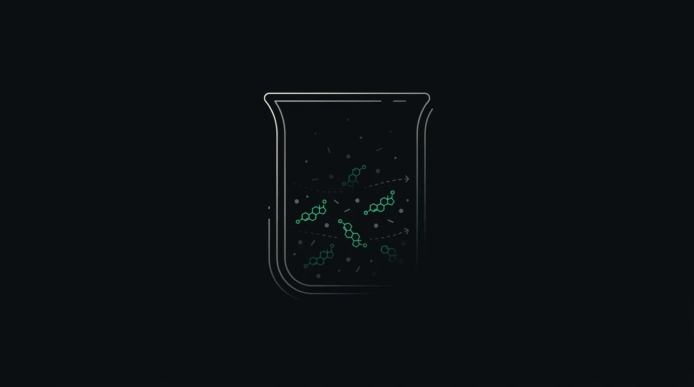 A urine sample with cortisol molecules measured against creatinine particles, in emerald.