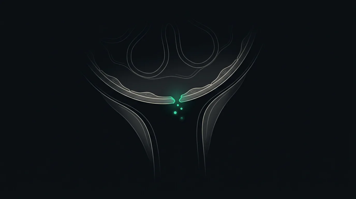 A kidney's glomerular filtration membrane in pale line-art, with a glowing emerald breach through which small protein particles slip into the tubule below.