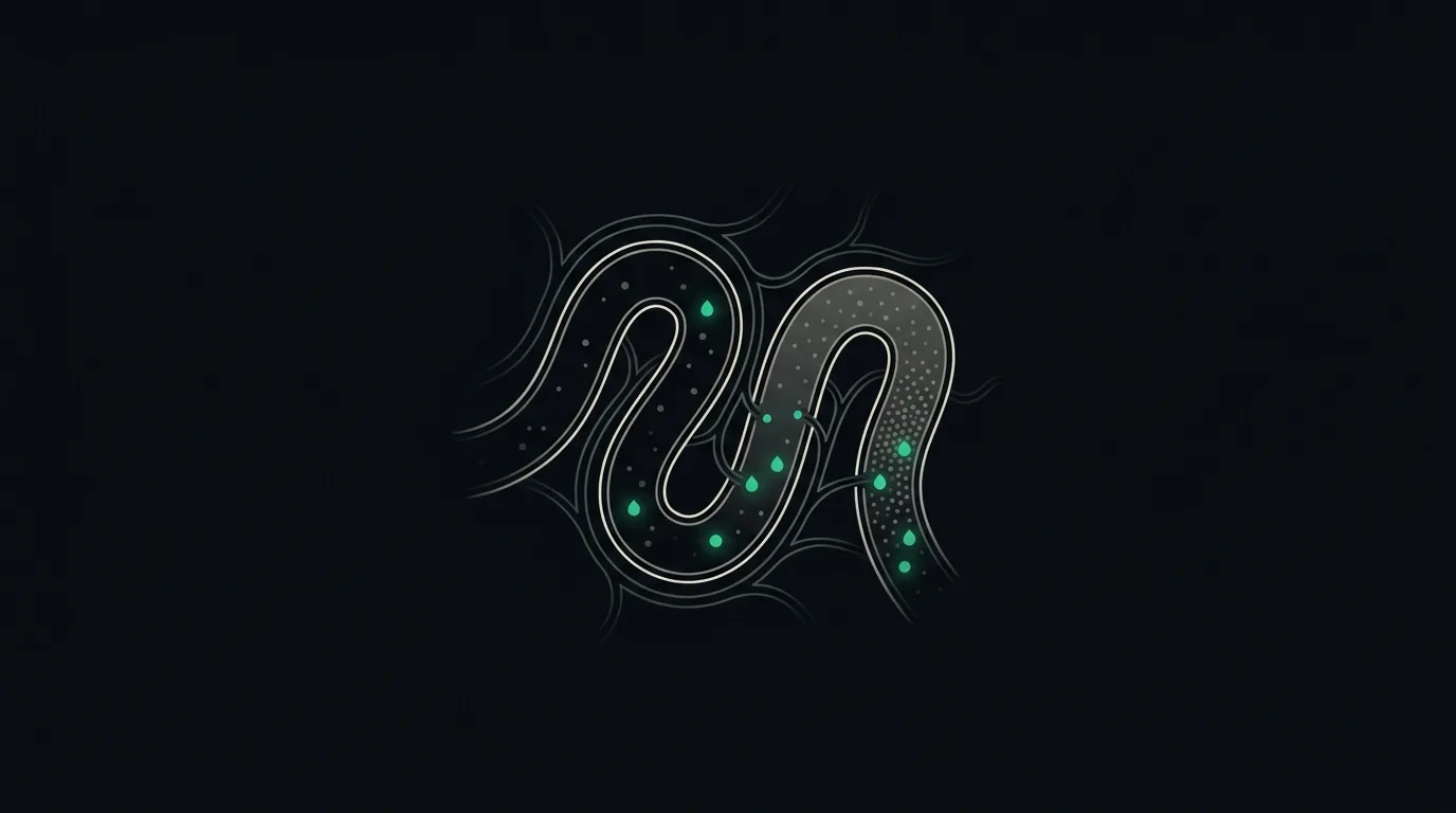 A kidney tubule drawing emerald water droplets back into the surrounding vessels, concentrating the urine.
